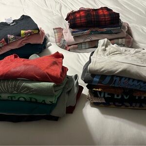 Assorted Women's Casual Tee & Shirt Stack - Red, Green, Gray, Pink, Plaid